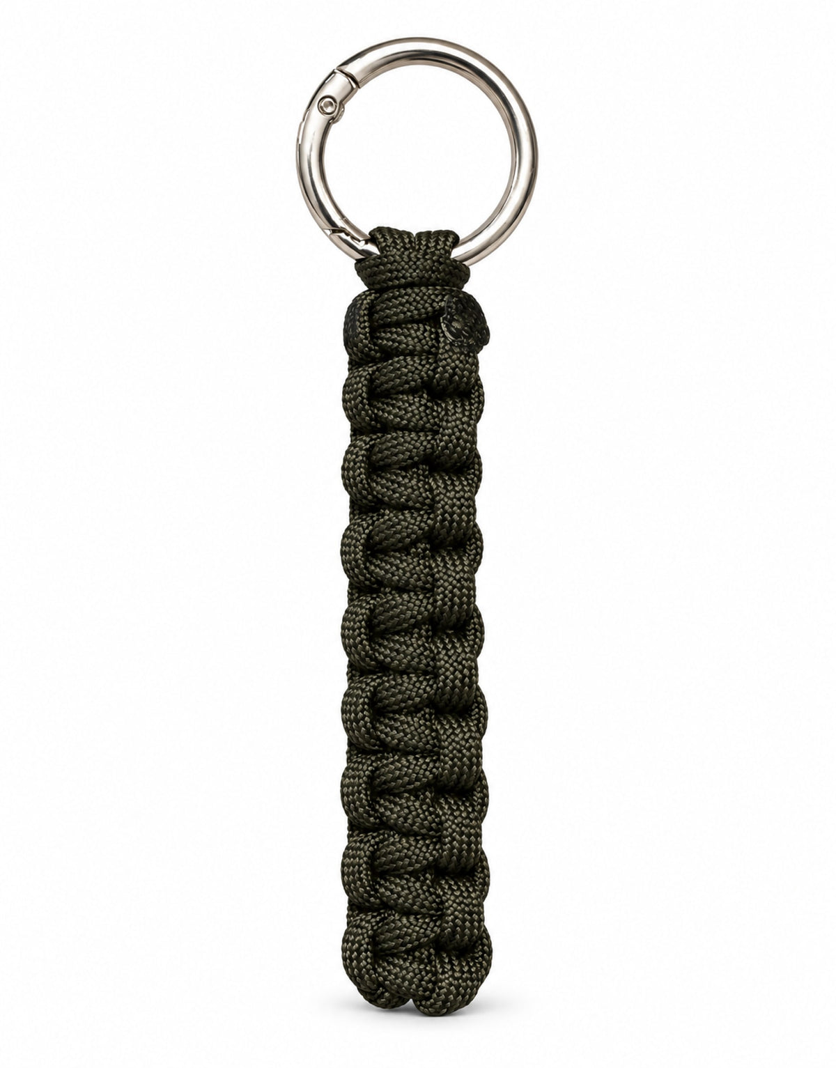 Naag dark green cobra weave paracord keychain with steel ring, handmade by Giraa, Pakistan