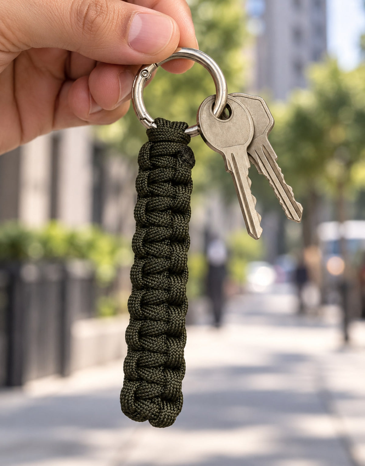Hand holding the Naag dark green cobra paracord keychain with keys