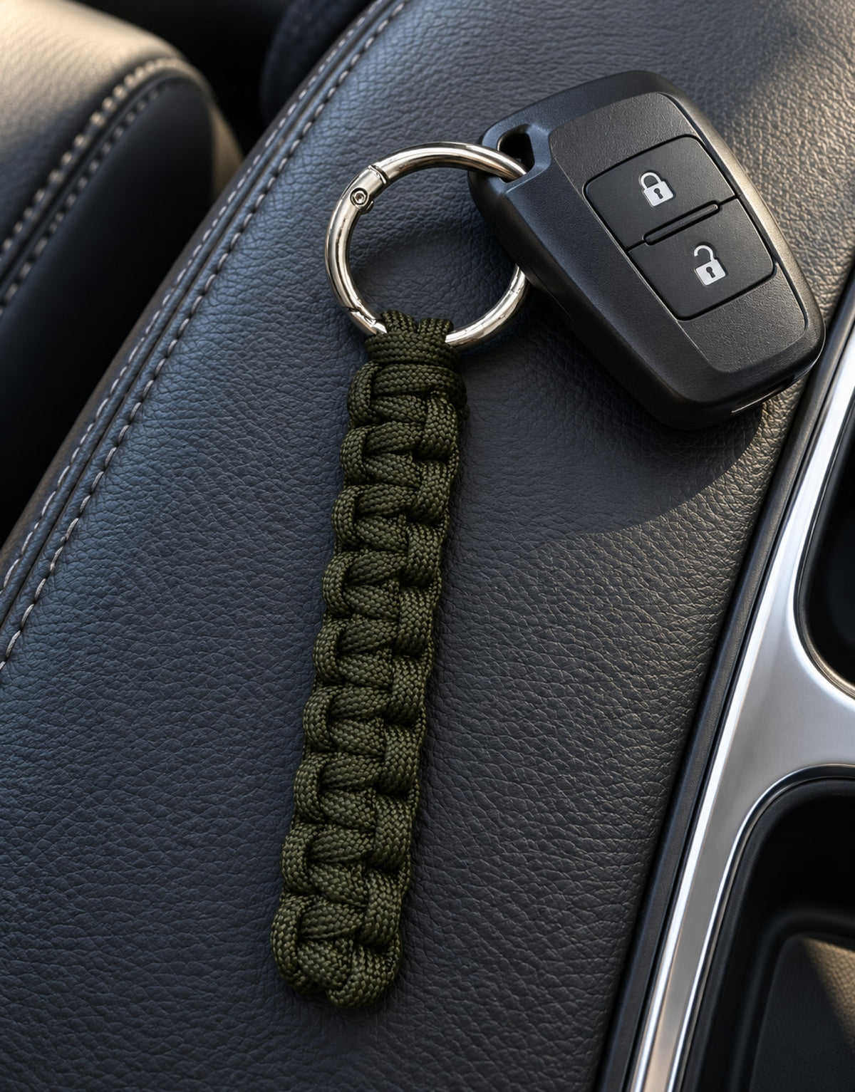Naag dark green paracord keychain with a car key