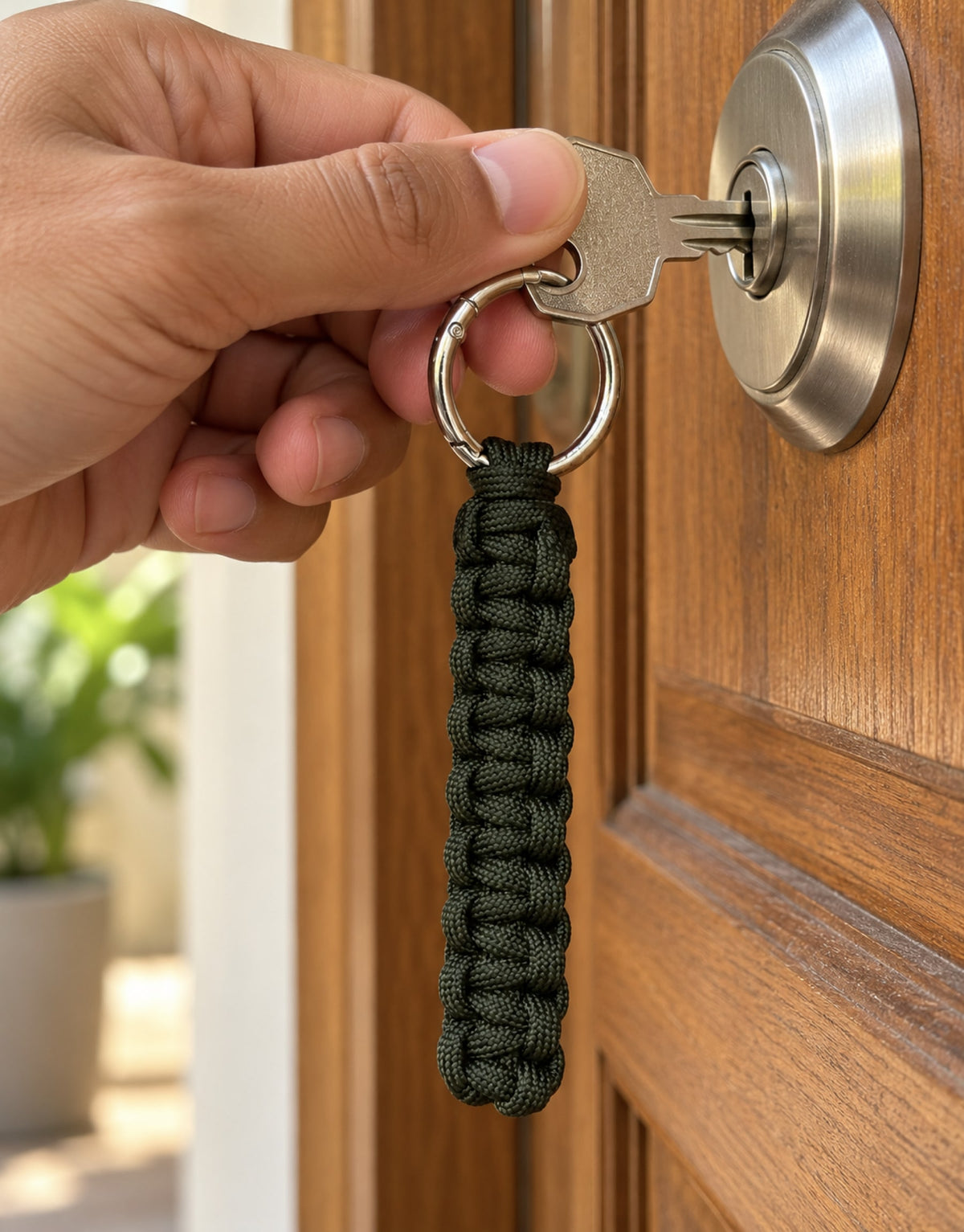 Naag dark green paracord keychain in use at a door lock