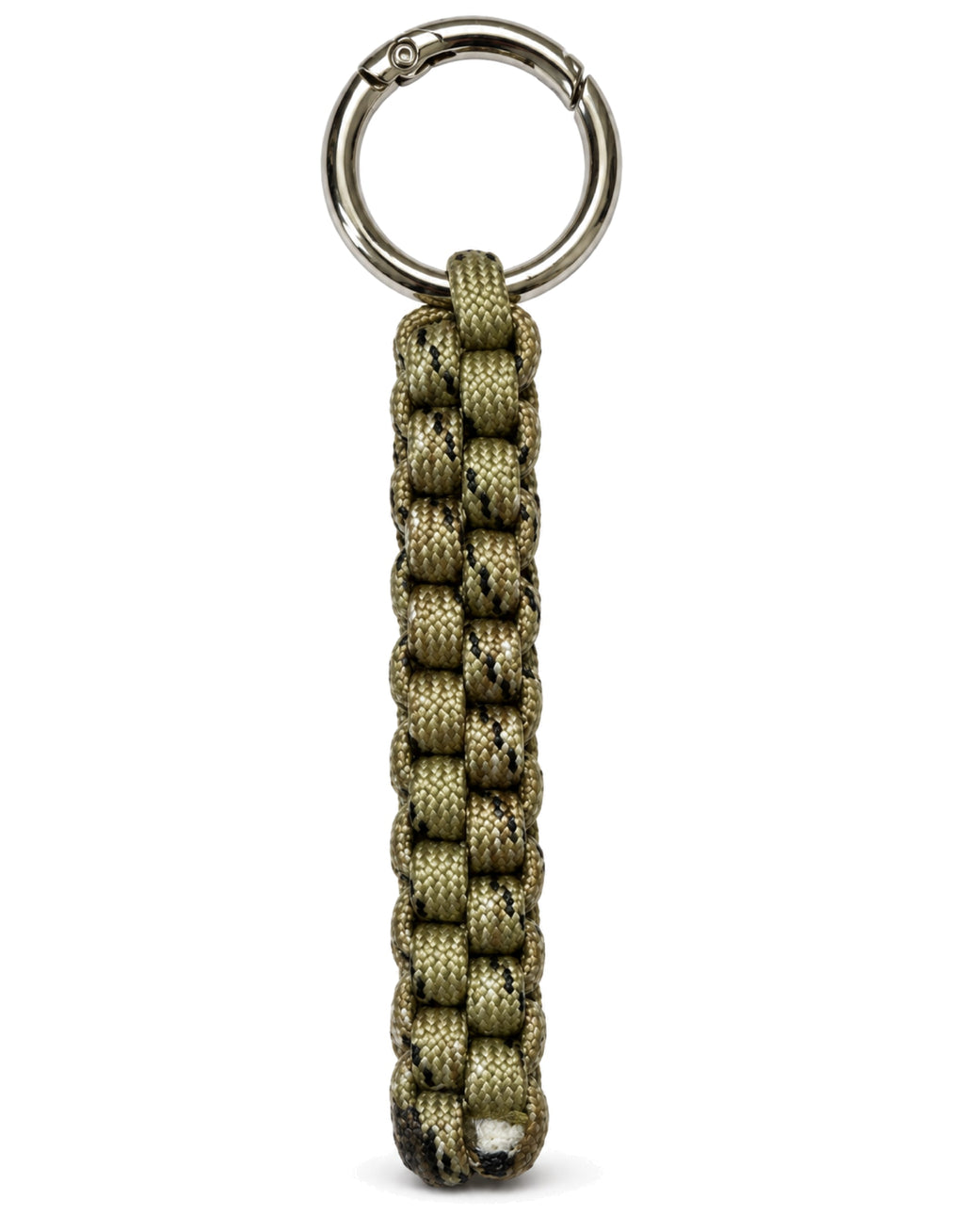 Saf camo paracord keychain with box weave and stainless steel ring, handmade by Giraa, Pakistan