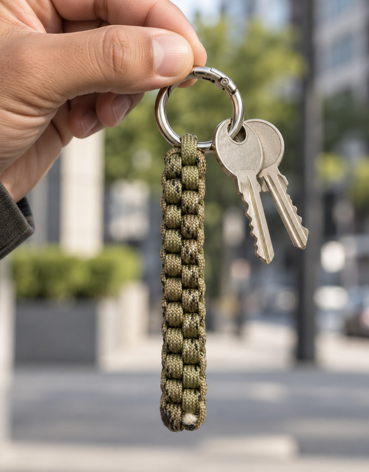Hand holding the Saf camo paracord keychain with keys