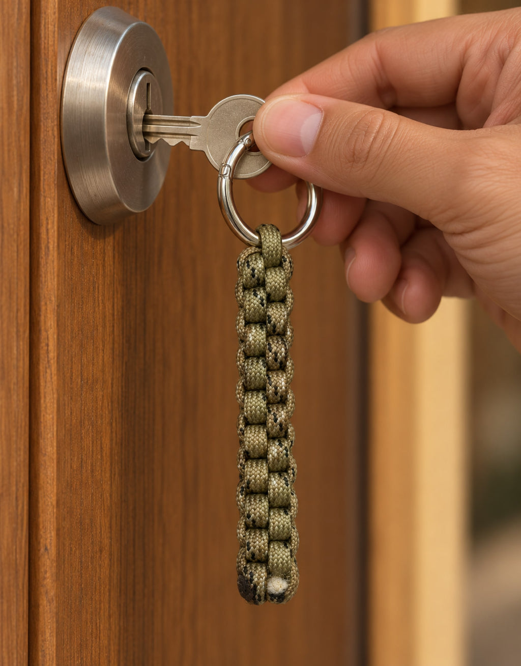 Saf camo paracord keychain in use at a door lock