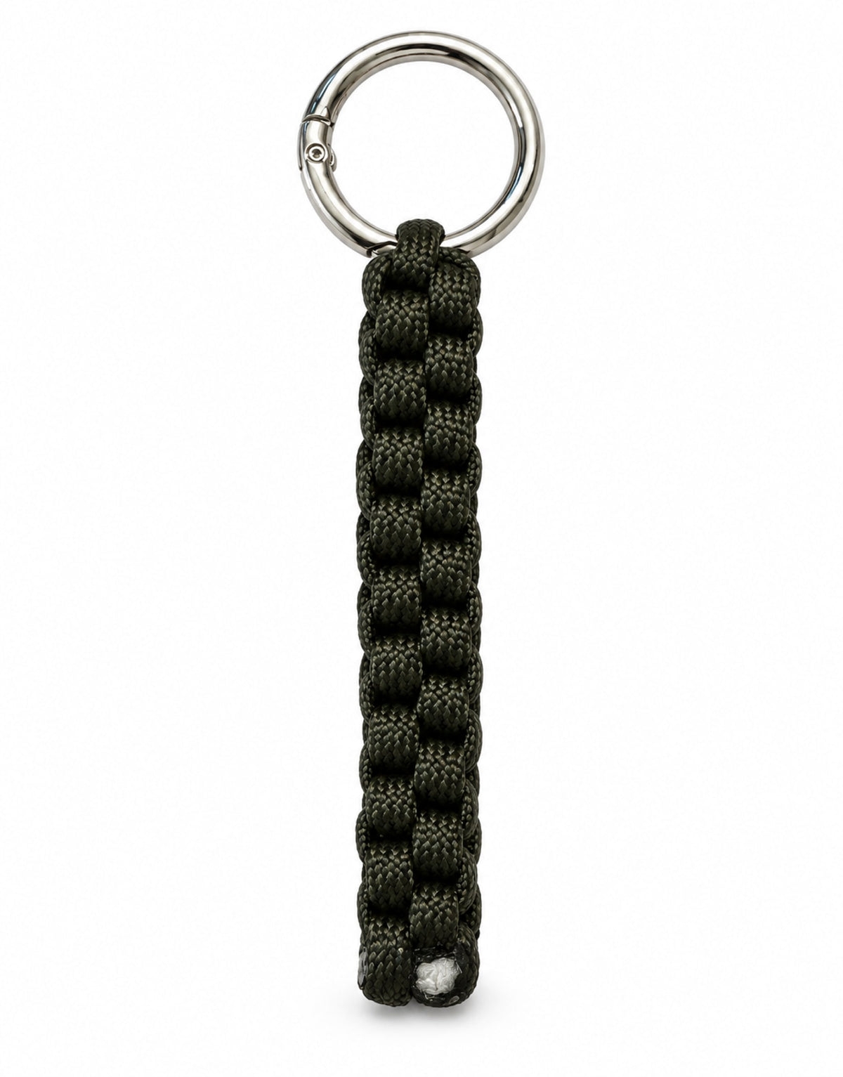 Saf dark green paracord keychain with box weave and stainless steel ring, handmade by Giraa, Pakistan