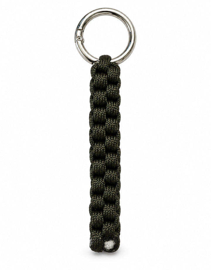 Saf dark green paracord keychain with box weave and stainless steel ring, handmade by Giraa, Pakistan