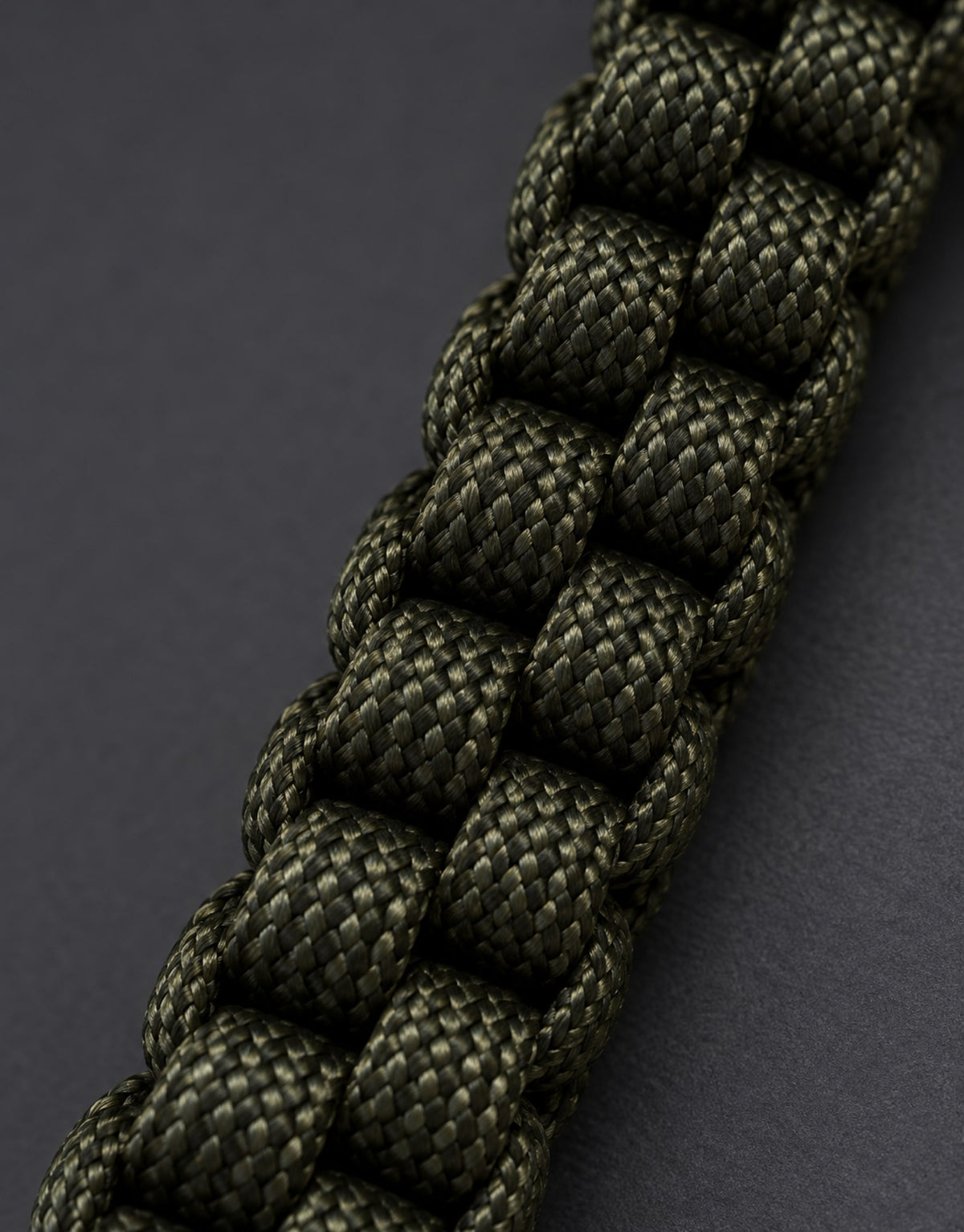 Macro of the dark green box weave on the Saf paracord keychain