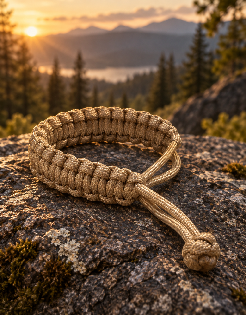 Sahra tan paracord bracelet on a rock at sunset