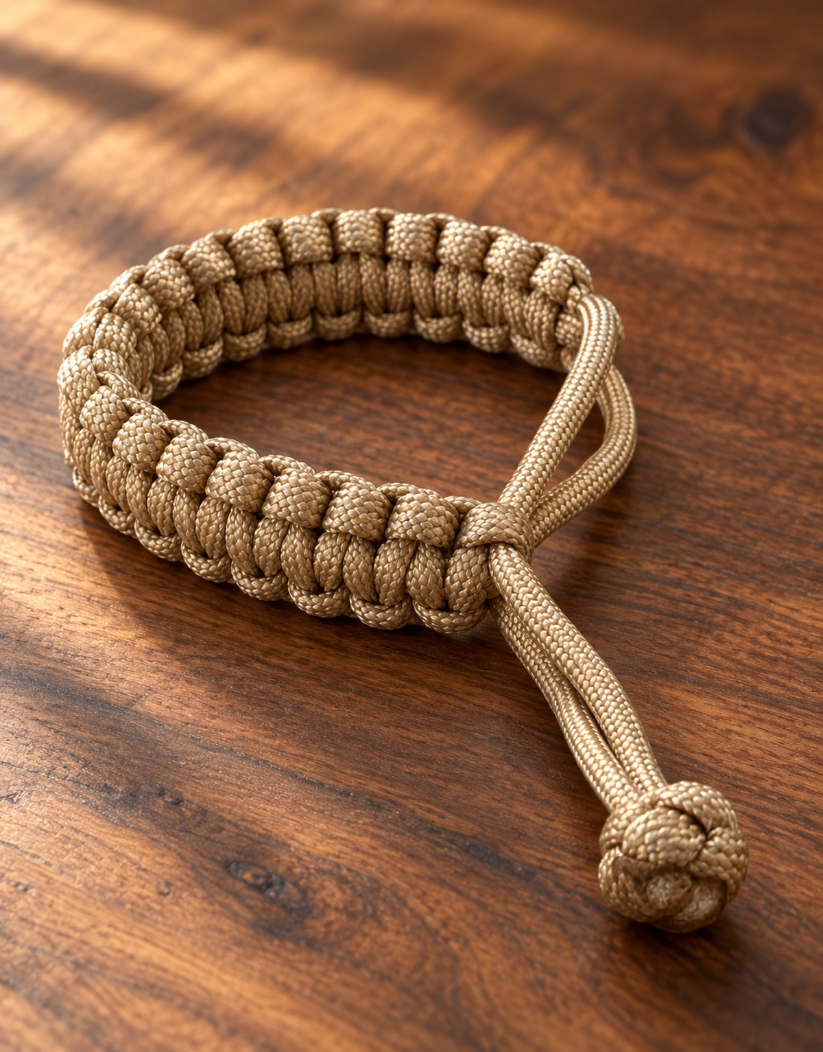 Sahra tan paracord bracelet on a wooden table