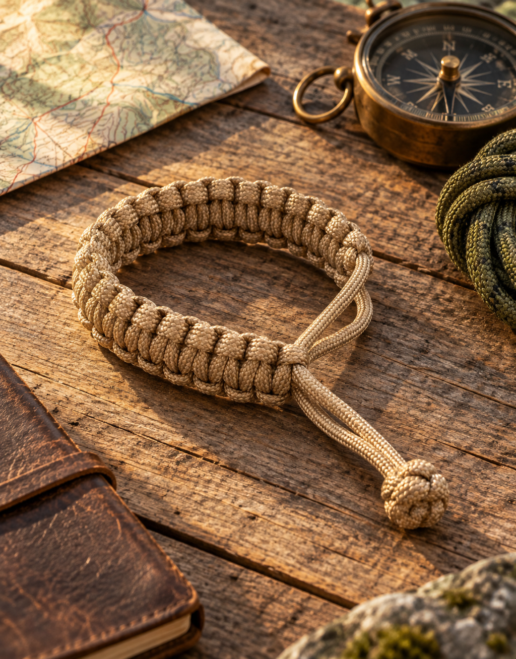 Sahra coyote tan paracord bracelet with a map and compass