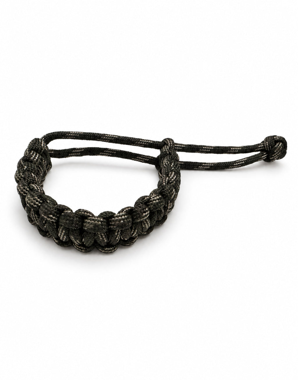 Sipahi dark camo cobra weave paracord bracelet with adjustable sliding knot, handmade by Giraa, Pakistan