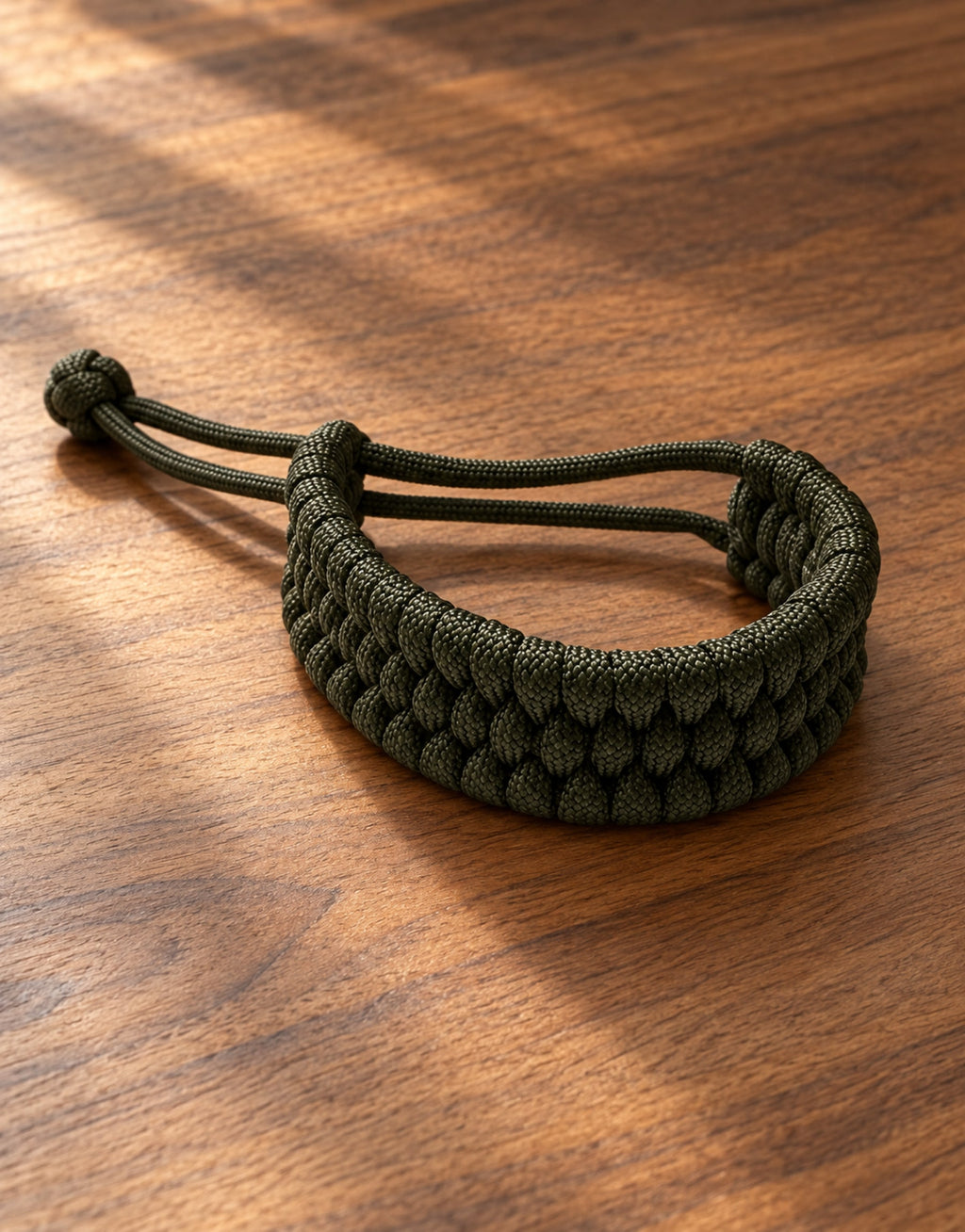 Zirah dark green triple paracord bracelet on a walnut desk